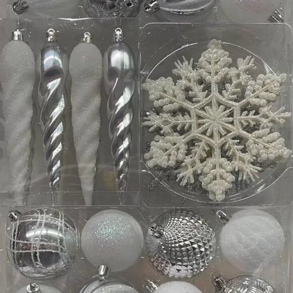 Silver and White Christmas Ornaments Shatterproof Holiday Assortment Set of 36 - Picture 7 of 7